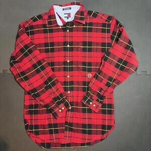 Vintage Tommy Hilfiger Men's Button-down Shirt Size Large Red Black Plaid VTG